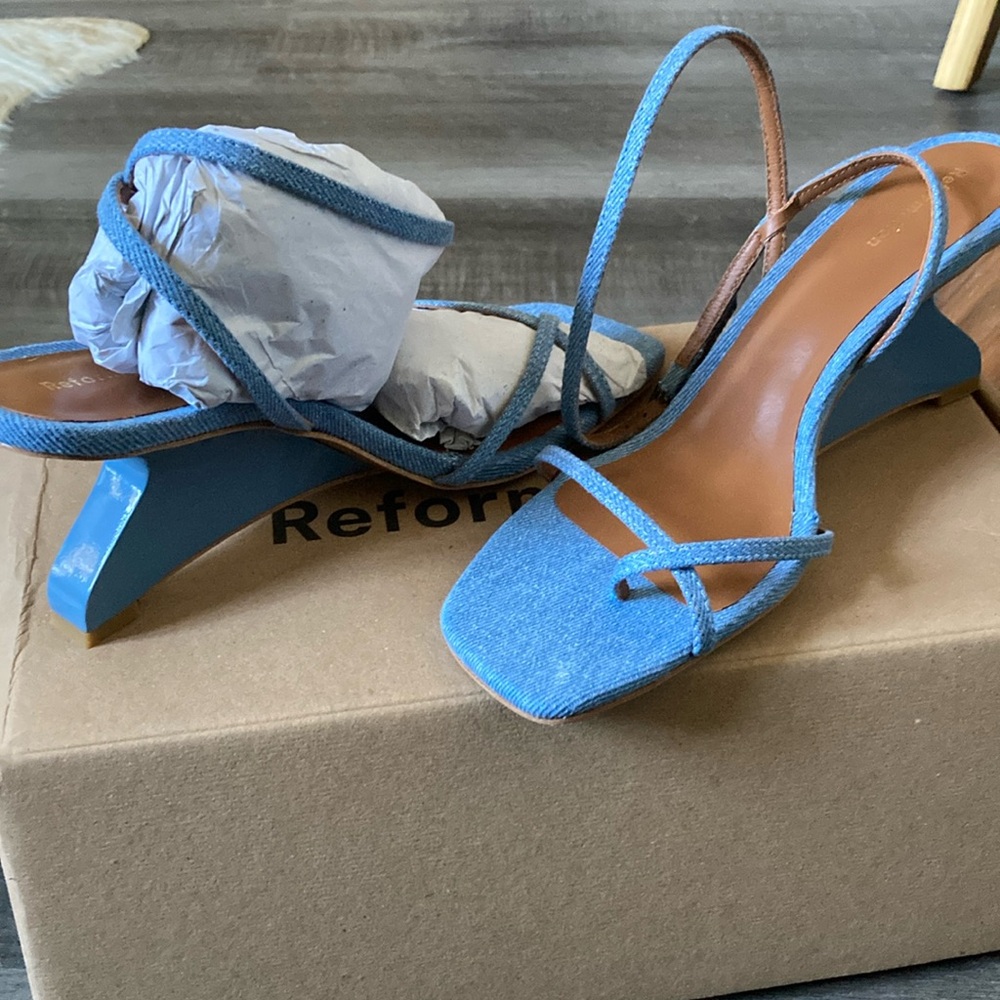 Reformation denim Emilia wedge sandal